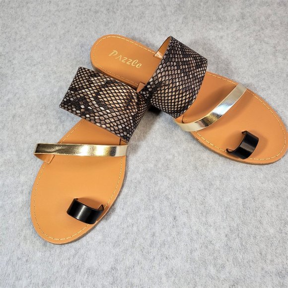Pazzle Black/Gold Faux Snakeskin Single Strap Sandals - Picture 4 of 7